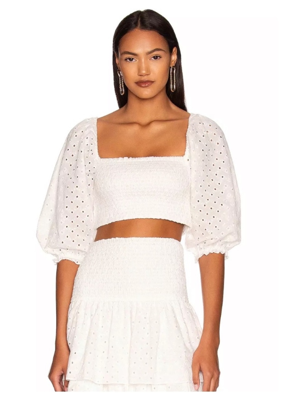 LIKELY Women's Hanner Top White Cotton Eyelet Cropped Stretch Puff Sleeve XS NWT
